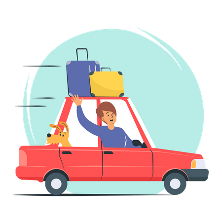 Man Travel By Car on Road with Luggage  Illustration