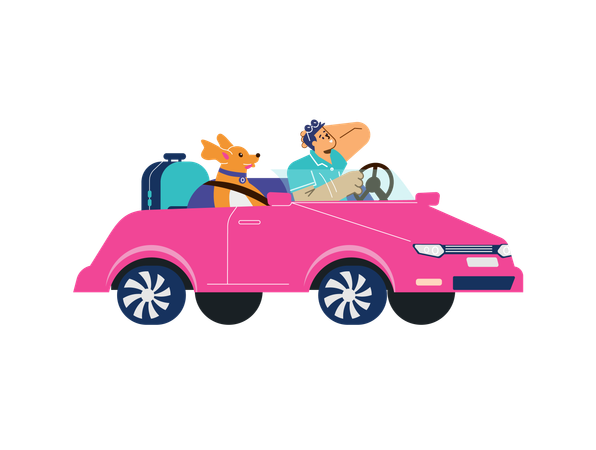 Man travel by car with dog  Illustration
