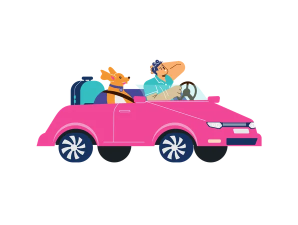 Man travel by car with dog  Illustration