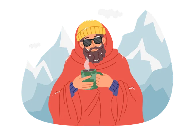 Man Traveler Drinks Hot Coffee Standing Among Snow Capped Mountains After Climbing To Top Traveler Participating In Winter Hike Is Wrapped In Warm Blanket And Holding Mug With Warming Drink Illustration