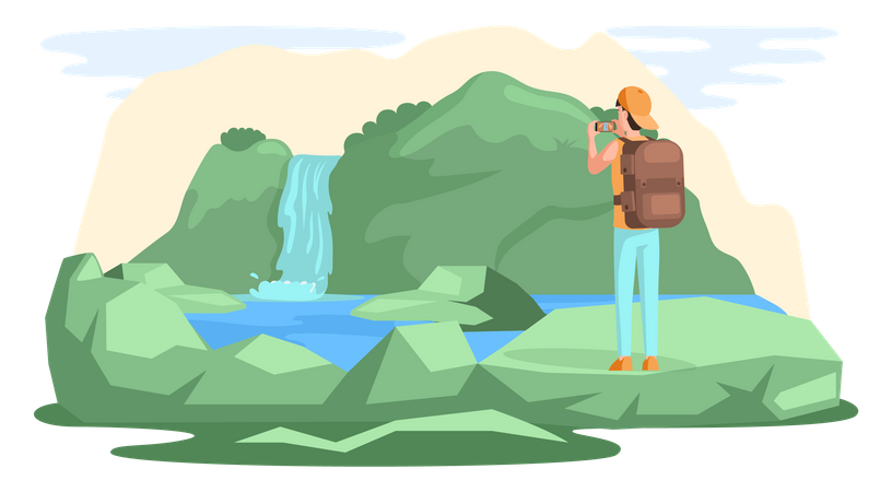 Man traveler in journey taking pictures of beautiful mountain Illustration
