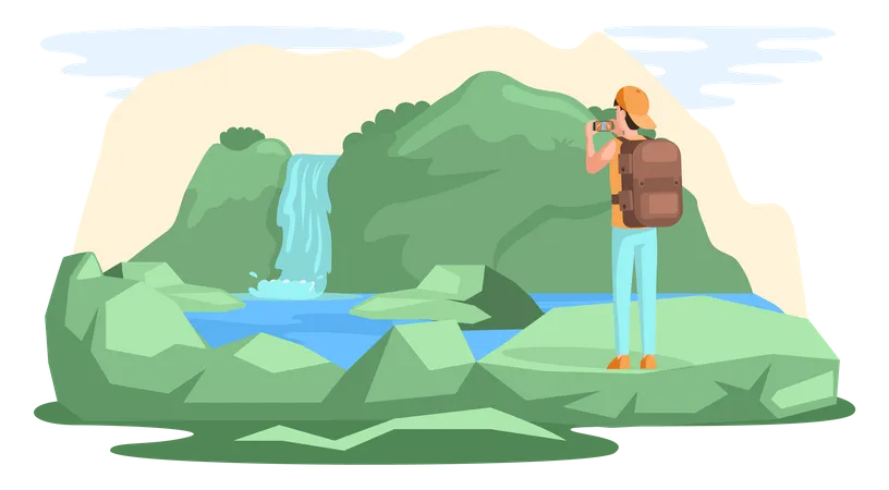 Man traveler in journey taking pictures of beautiful mountain Illustration