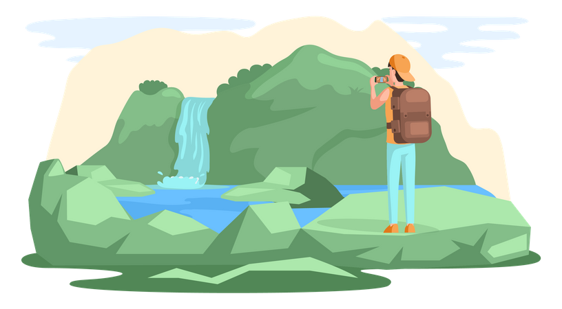 Man traveler in journey taking pictures of beautiful mountain  Illustration