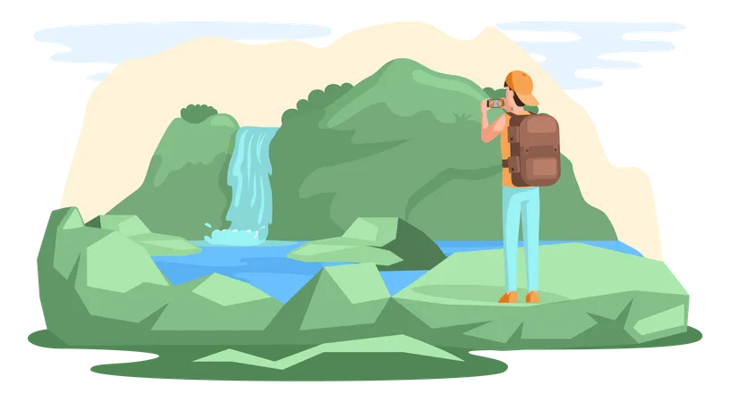 Man traveler in journey taking pictures of beautiful mountain  Illustration