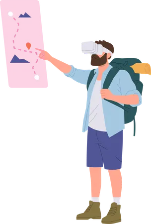Man Traveler Cartoon Character Wearing Vr Glasses Headset Enjoying Hiking Trip Experience In Augment Reality Isolated On White Background Traveling Adventure In Metaverse Vector Illustration Illustration