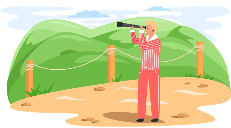 Man traveler with binoculars stands on observation deck and looks at mountaines in sea during travel  Illustration