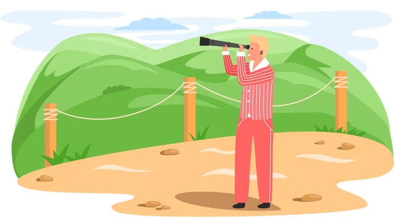 Man traveler with binoculars stands on observation deck and looks at mountaines in sea during travel  Illustration