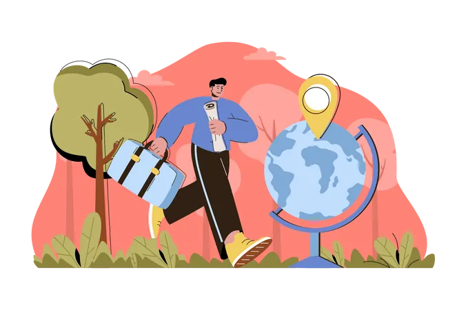 Man traveling around the world carrying luggage  Illustration