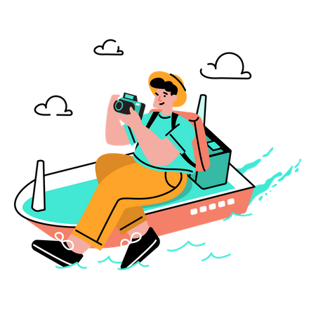 Man traveling on ship or boat  イラスト