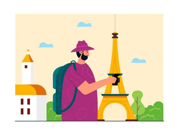 Man travelling to eiffel tower  Illustration