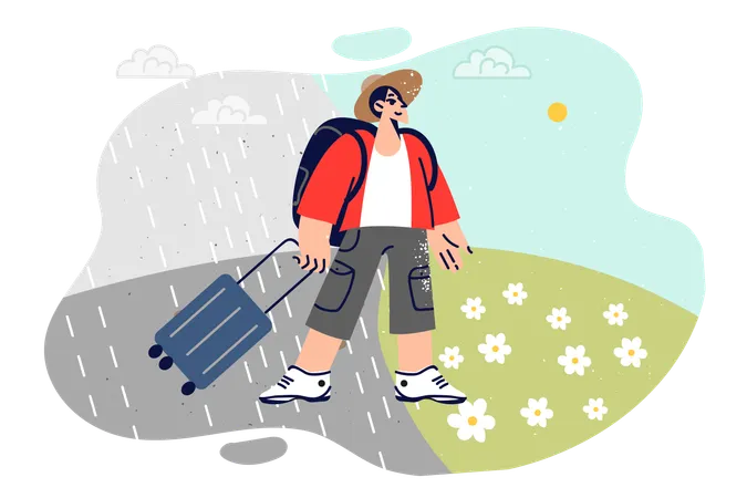Man Travels And Sees Climate Change After Trip To South During Vacation Standing With Tourist Suitcase Smiling Guy Changes Climate Zone By Moving From Rainy Area To Sunny Region Illustration
