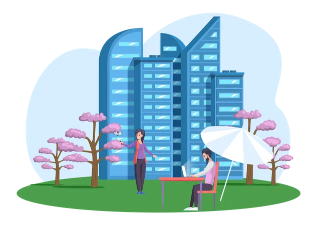 Man Travels And Works Remotely Anywhere In World Character Communicating Through Network On Laptop Person Correspondence Surfing Internet And Sitting At Table In Nature Near Tall Buildings Illustration