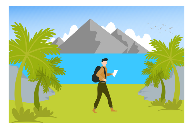 Man Trekking At A Hill Station  Illustration