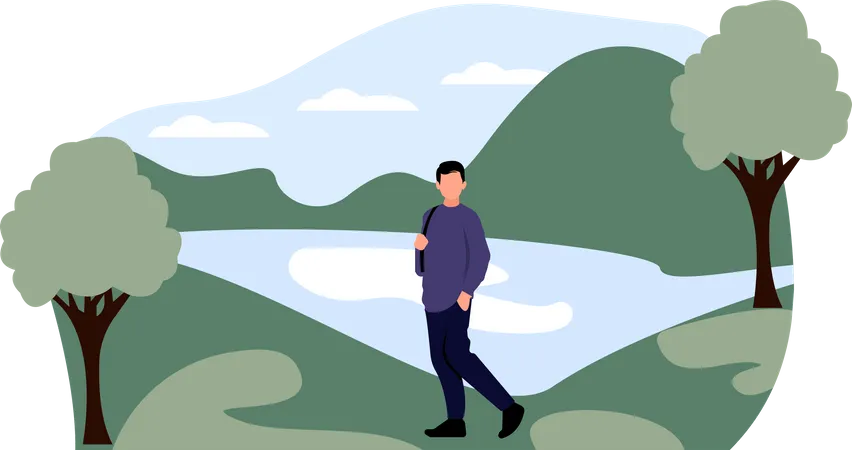 Man trekking between mountains  Illustration
