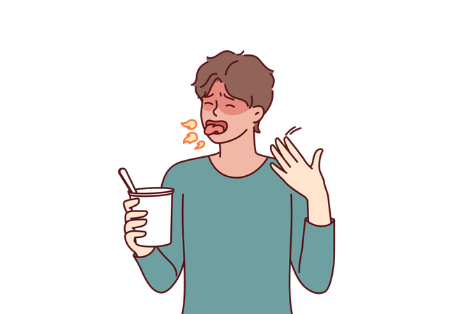 Man tried spicy takeaway from Chinese restaurant and is coughing from overabundance of chili peppers  Illustration