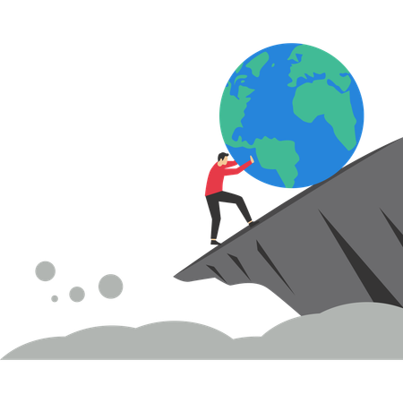 Man try hard to push globe from falling off cliff  Illustration