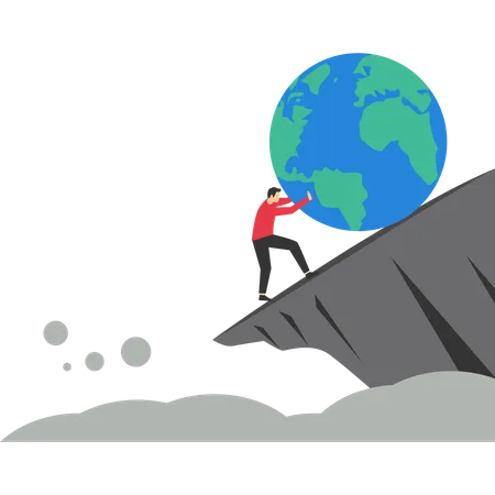 Man try hard to push globe from falling off cliff  Illustration