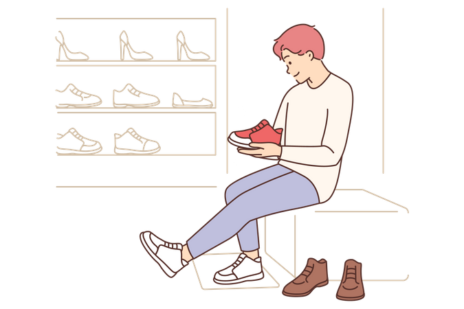 Man trying on shoes at shoe store  Illustration