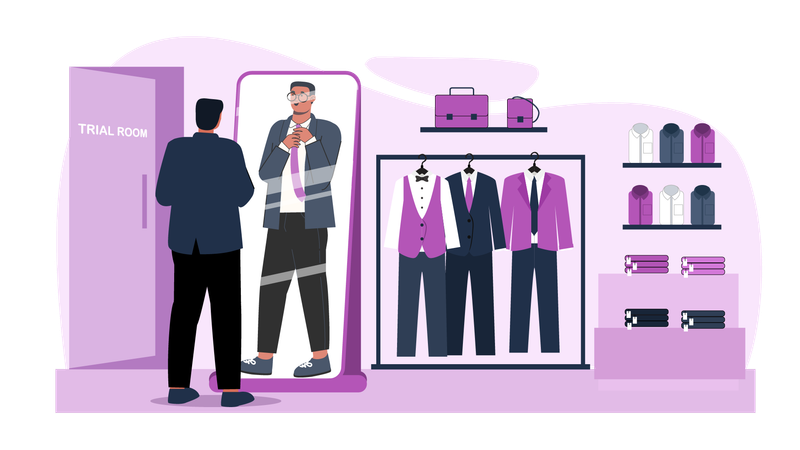 Man trying suit at tailor shop  Illustration
