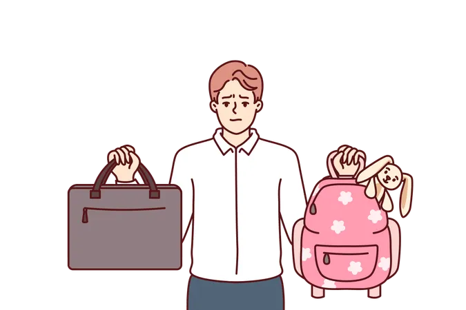 Man Is Trying To Make Choice Between Family And Career Showing Business Briefcase And Children School Bag Concept Of Difficult Choices To Achieve Harmony And Balance In Career Or Parenting Illustration