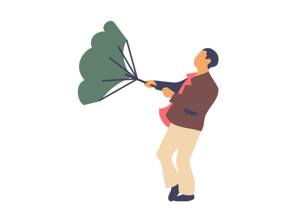 Man trying to hold umbrella in strong wind  Illustration