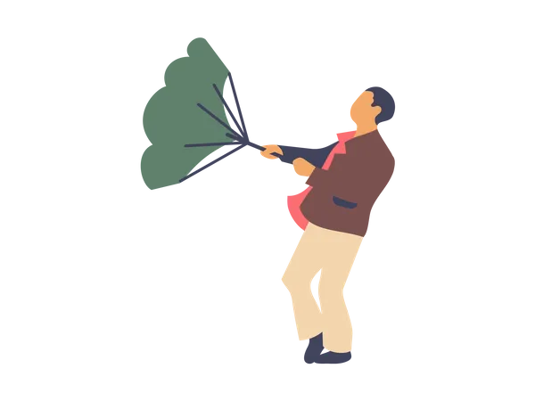 Man trying to hold umbrella in strong wind  Illustration