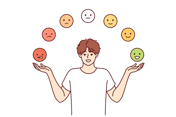 Man Is Trying To Maintain Emotional Balance By Juggling Emoticons With Positive And Negative Emotions Guy Develops Emotional Balance To Avoid Psychological Turmoil And Stress Or Depression Illustration