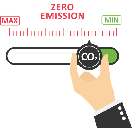 Man turning gauge arrow pointer to lowest level of CO2.  Illustration