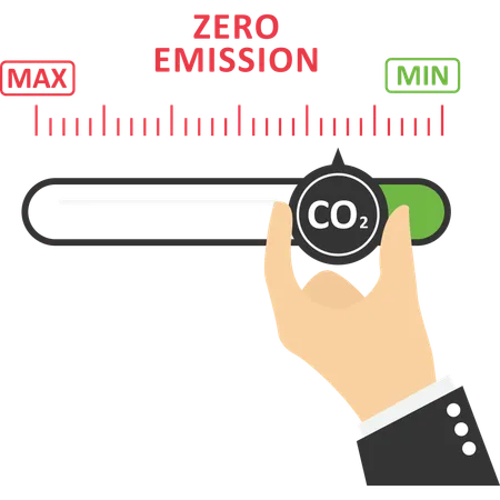 Man turning gauge arrow pointer to lowest level of CO2.  Illustration