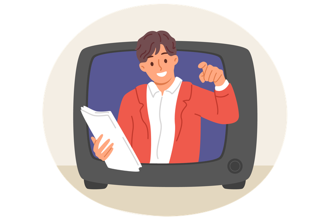 Man TV show announcer looks out of retro tv recommending to buy advertised product  イラスト