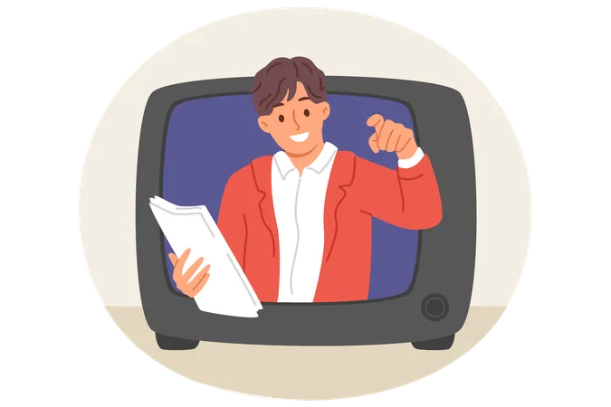 Man TV Show Announcer Looks Out Of Retro TV And Points Finger At Viewer Recommending To Buy Advertised Product News Or Evening Television Show Host Holds Script Papers And Improvises Live Illustration