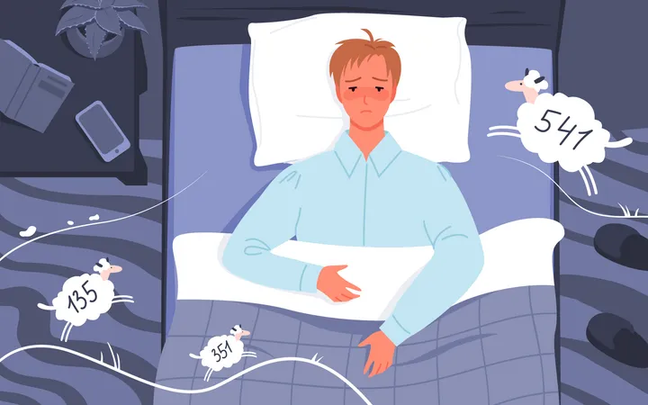 Man unable to sleep due to endless thoughts  Illustration