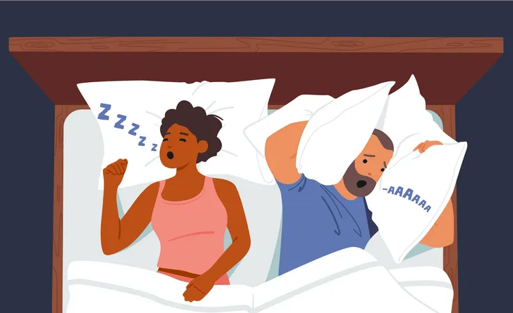 Man unable to sleep due to woman snoring  Illustration