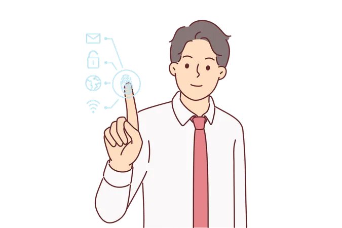 Man Undergoes Biometric Authentication Using Fingerprint Scanner To Gain Access To Office Businessman Demonstrates Biometric Authentication Technologies To Verify Identity And Protect Information Illustration