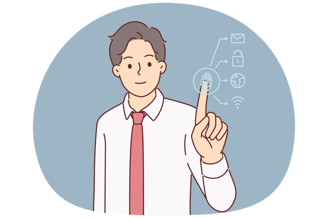 Man undergoes biometric authentication using fingerprint scanner to gain access to back office  Illustration