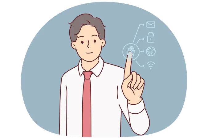 Man undergoes biometric authentication using fingerprint scanner to gain access to back office  Illustration