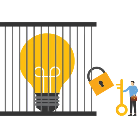 Unlock New Business Idea Invent New Product Or Creativity Expiration Of Patent Concept Businessman Holding Golden Key About To Insert Into Key Hold On Cage To Set Idea Free Illustration