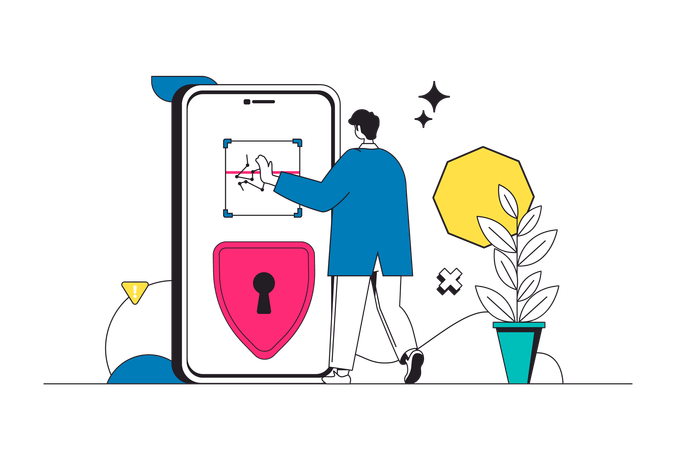 Man unlocking phone using biometric password  Illustration