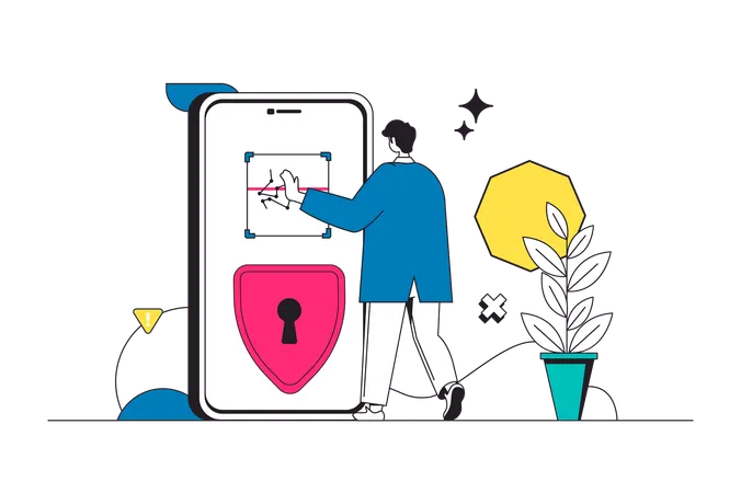 Man unlocking phone using biometric password  Illustration