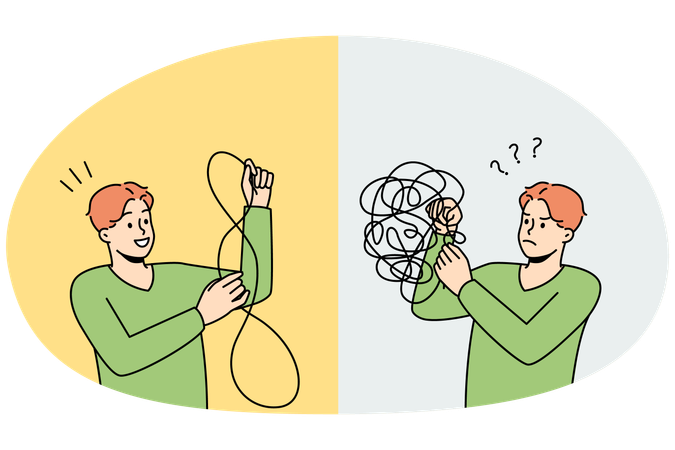 Man untangle puzzle find answers to mental problems  Illustration