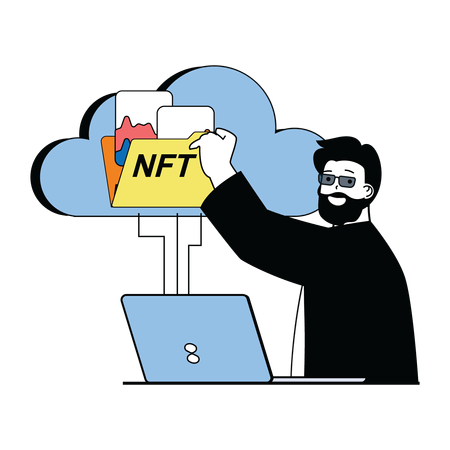 El hombre carga la carpeta nft en la nube  Illustration