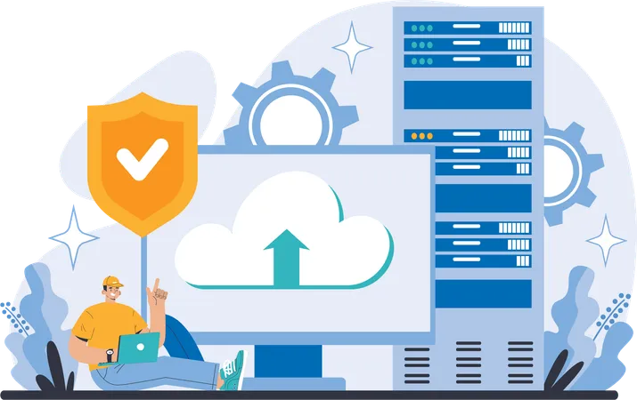 Man upload data to cloud server  Illustration