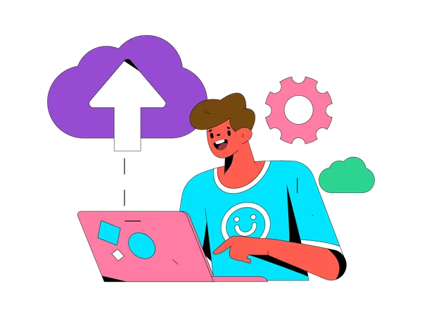 Man uploading cloud data on laptop  Illustration