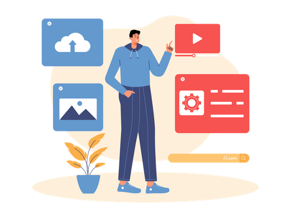 Man uploading content on website  Illustration