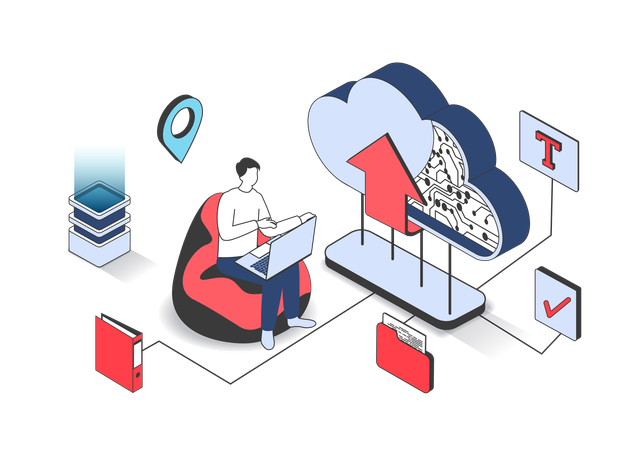 Man uploading data on cloud  Illustration