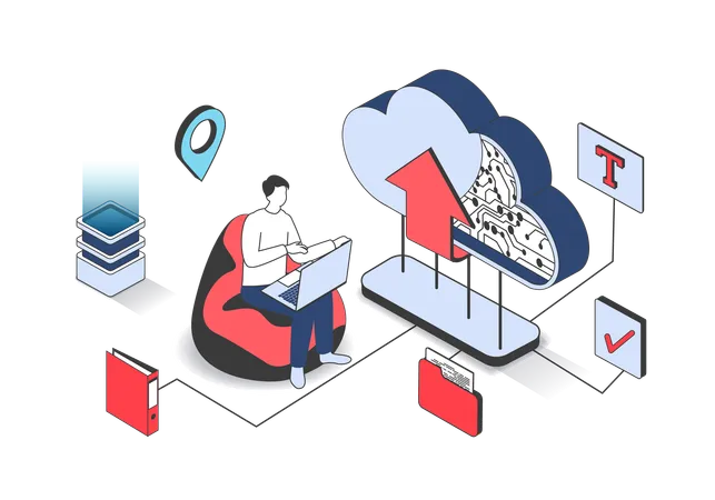 Man uploading data on cloud  Illustration