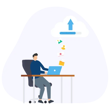 Man uploading data to cloud  Illustration