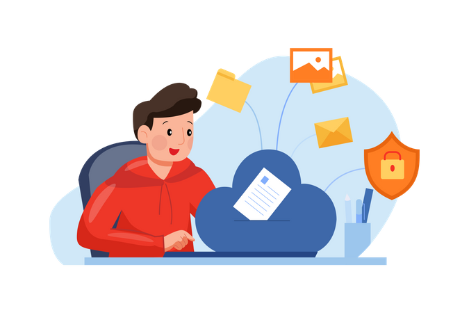 Man uploading data to cloud  Illustration