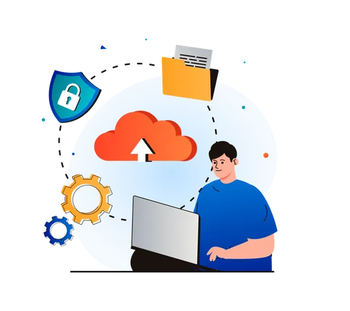 Man uploading data to secure cloud  Illustration