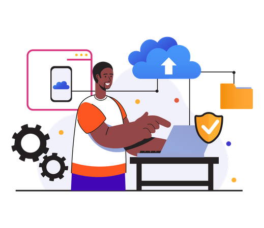 Man uploading data to secure cloud  Illustration